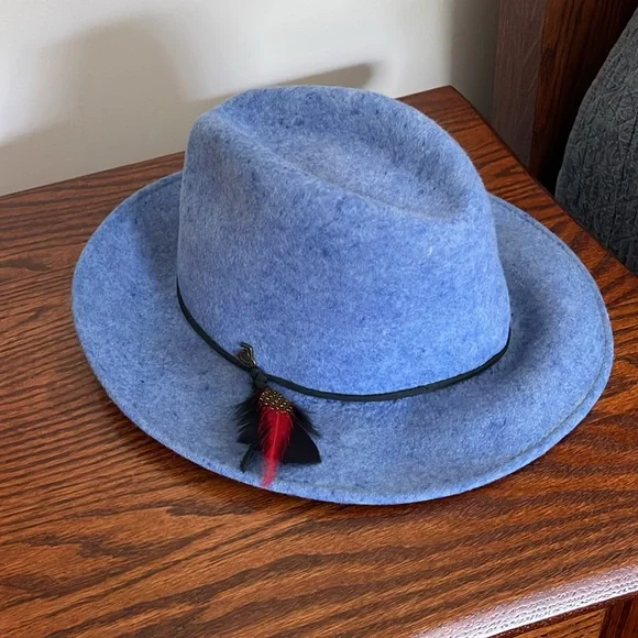 Ecua Andino Blue wool Felt Fedora Hat with Feather Accent.   100% wool. - Picture 2 of 9